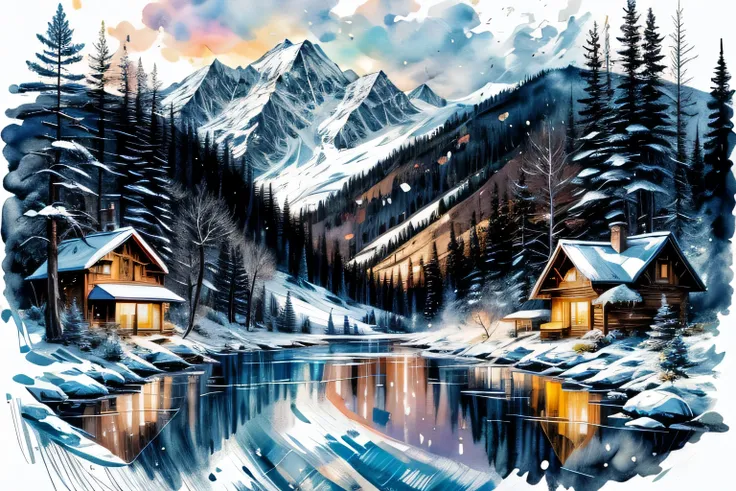 Ski resort, Interior, Watercolor, art, art, Fantastic illustrations, upscale, fairy tale, Fairytale