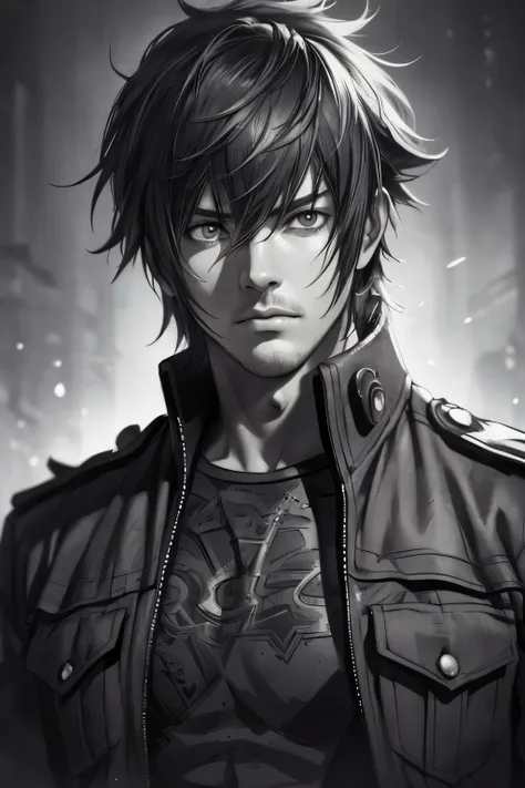 a man in a mugshot, sketch, noctis lucis, black and white, detailed features, vintage style, high contrast lighting. (best quali...