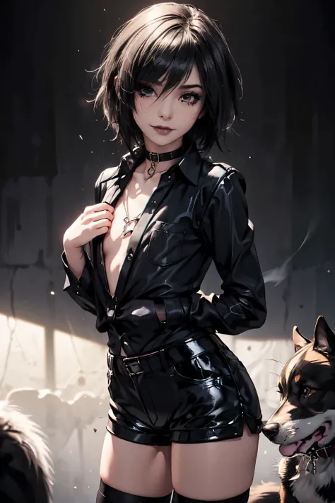 1girl, woman, emo_hairstyle, black lipstick, dog collar, eyeliner, eye shadow, smoky eyes, realistic lighting, black silk business shirt, leather shorts, black thighhighs, short hair, flat chest, shiny skin, smug, smirk.