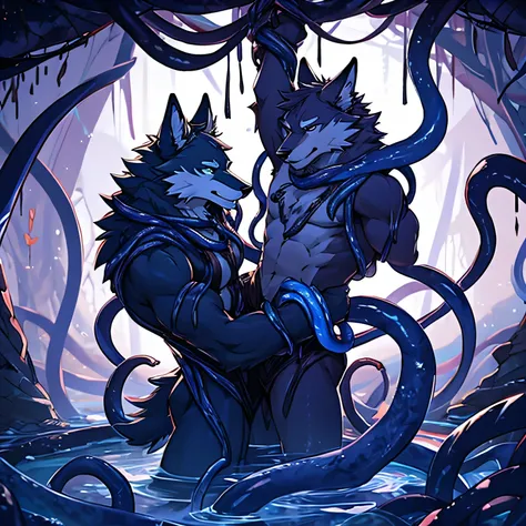 two wolves caught in tentacles and fucked in limbo, tentacles by the hands hanging hands clasped tentacles more tetacles on the body