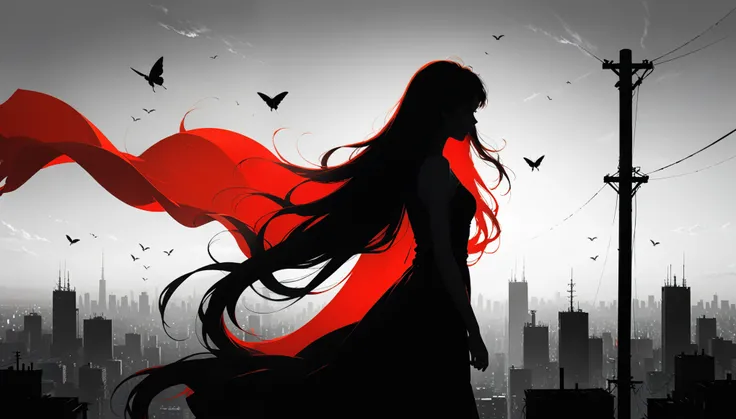 (in style of Ashley Wood:1.3),(in style of Takeshi Obata:0.9),
black and white urban skyline background,protruding utility poles,(a red silhouette of a young girl:1.6),minimalist silhouette,red silhouette,black and white background,wide_shot,silhouette of ...