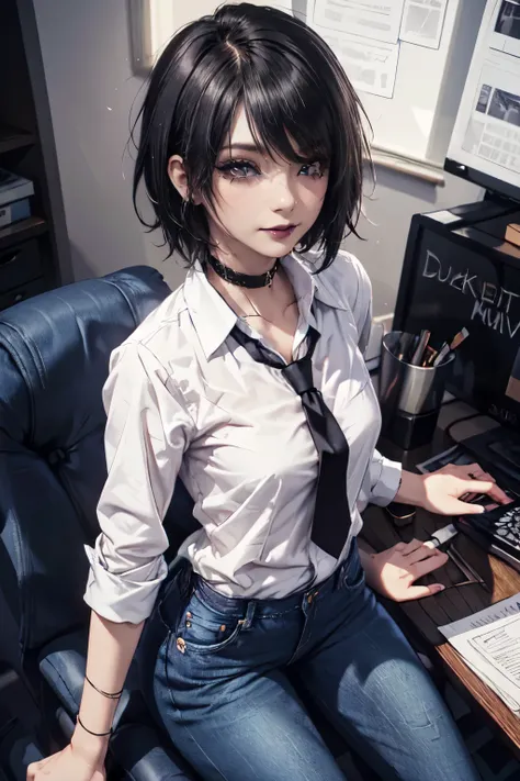 1girl, woman, emo_hairstyle, black lipstick, dog collar, eyeliner, eye shadow, smoky eyes, realistic lighting, business shirt, office lady, necktie, denim tight low hip jeans, short hair, flat chest, shiny skin, smug, smirk.