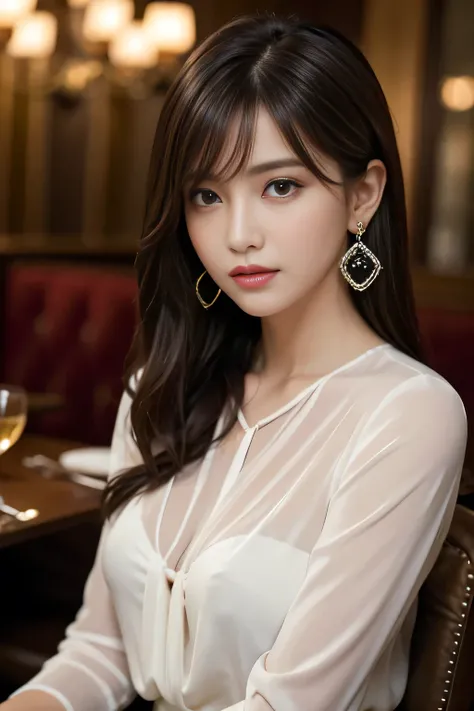 masterpiece, highest quality, Realistic, Very detailed, Finer details, High resolution, 8k wallpaper, One beautiful woman, Wear an elegant black see-through blouse, In a great restaurant, At night, Light brown shaggy haircut, Perfect dynamic composition, B...