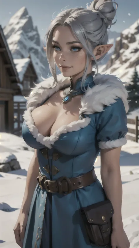 steampunk beautiful elf, silver hair in a messy bun, detailed face, light freckles, smirk, blue brown fur dress, early morning, snowy mountains, depth of field, blurry background
