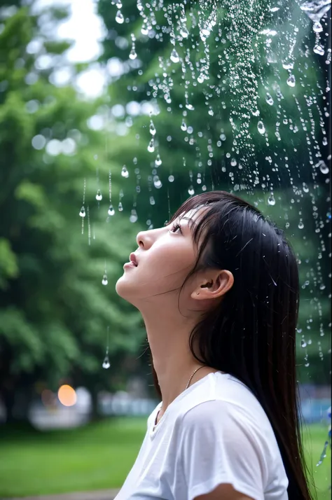 She looks up at the heavy rain sky、She doesn&#39;t have an umbrellaのでwhole bodyが雨で濡れている、Umbrellas are not displayed、She doesn&#39;t have an umbrella、My hair got wet in the heavy rain, face and clothes soaked through.　Rain-soaked through face or dripping wa...