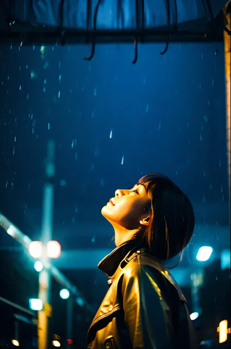 She looks up at the heavy rain sky、She doesn&#39;t have an umbrellaのでwhole bodyが雨で濡れている、Umbrellas are not displayed、She doesn&#39;t have an umbrella、My hair got wet in the heavy rain, face and clothes soaked through.　Rain-soaked through face or dripping wa...