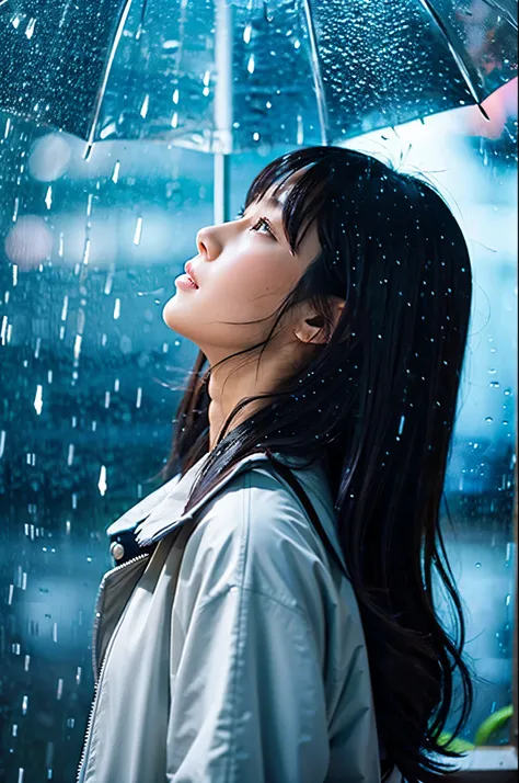 She looks up at the heavy rain sky、She doesn&#39;t have an umbrellaのでwhole bodyが雨で濡れている、Umbrellas are not displayed、She doesn&#39;t have an umbrella、My hair got wet in the heavy rain, face and clothes soaked through.　Rain-soaked through face or dripping wa...