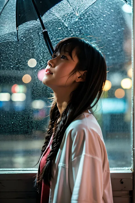 彼女はIn the heavy rainでも傘をささずに立っている、She looks up at the heavy rain sky、She doesn&#39;t have an umbrellaのでwhole bodyが雨で濡れている、Umbrellas are not displayed、She doesn&#39;t have an umbrella、My hair got wet in the heavy rain, face and clothes soaked through.　Rain-...