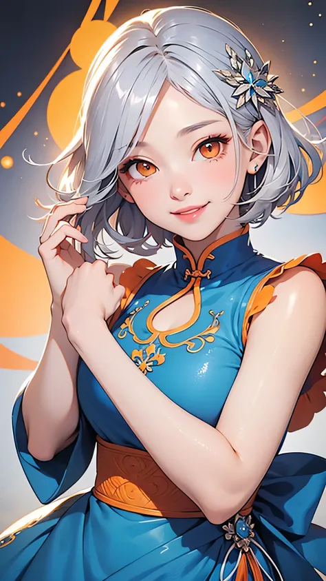 highest quality、Realistic、Women、zoom、cute、Orange Eyes、Silver Hair、short hair、Blue Chinese Dress、smile、Looking down、smile、Bust Shot、　