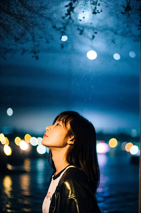 彼女はIn the heavy rainでも傘をささずに立っている、She looks up at the heavy rain sky、She doesn&#39;t have an umbrellaのでwhole bodyが雨で濡れている、Umbrellas are not displayed、She doesn&#39;t have an umbrella、My hair got wet in the heavy rain, face and clothes soaked through.　Rain-...