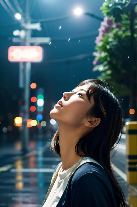 彼女はIn the heavy rainでも傘をささずに立っている、She looks up at the heavy rain sky、She doesn&#39;t have an umbrellaのでwhole bodyが雨で濡れている、Umbrellas are not displayed、She doesn&#39;t have an umbrella、My hair got wet in the heavy rain, face and clothes soaked through.　Rain-...