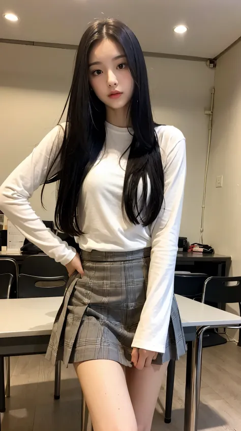 18 year old beautiful girl、Beautiful Face、Long black hair、Medium sized breasts、tall、whole body、Thighs、White long sleeve shirt、A very small, high-rise pleated skirt with a check pattern、Black Loafers