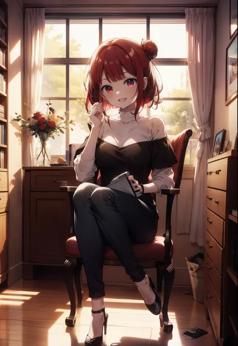 arima etc.., arima kana, (red eyes:1.5), red hair,long hair,happy smile, smile, open your mouth,hair bun, single  hair bun,redhe...