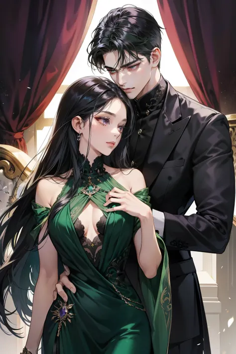 "**Creada por: Midoru**
Enthralling and captivating, this image showcases a heavenly, dark couple bathed in the ethereal glow of moonlight. The man, a muscle boy with short black hair and piercing green eyes lined with dragon pupils, dons an elegant dark g...