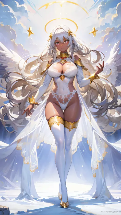 ((masterpiece, best quality)), Delicate face，Mage，Full body painting，Perfect body proportions，Large Breasts，Long legs，dark skin，white hair，Long wavy hair，beautiful eyes，Fantasy style，Extremely beautiful，White background，gold，Extremely beautiful，Clouds，magi...