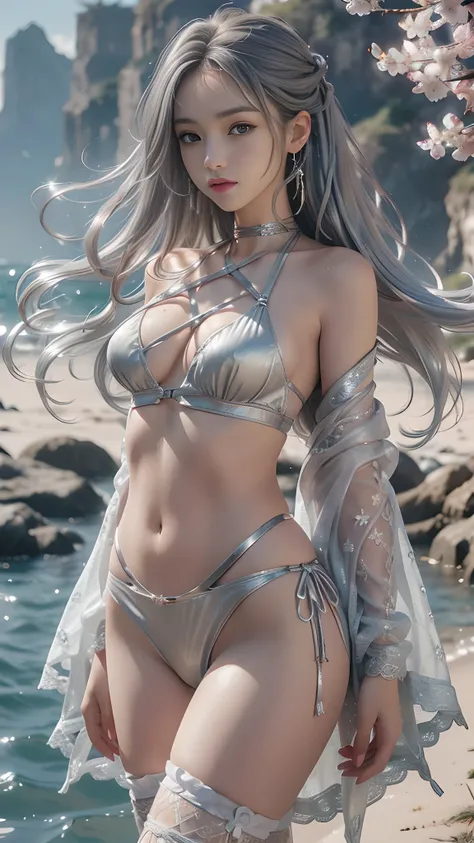 8K, ultra hd, masterpiece, hd color, 1 girl, perfect face, very long curly hair, detailed eyes, she wears a small silver bikini, ((silver clothes)), stockings, (( criss-cross lace)), sardine, straps, clothing net, ((long loop)), jewelry, seaside, Realistic...