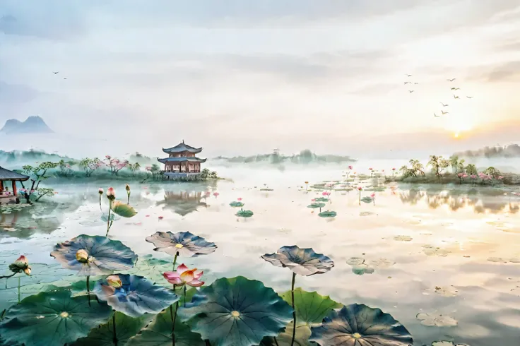 Landscape photography minimalist Alafud Lake view,Pagoda in the background, Chinese scenery, Hangzhou, old Chinese building, nice images, Tang Dynasty Palace, at sunrise, Lotus flowers on the water, At sunrise, Lotus Pond, shutter, author:Shi Rui, Beautifu...