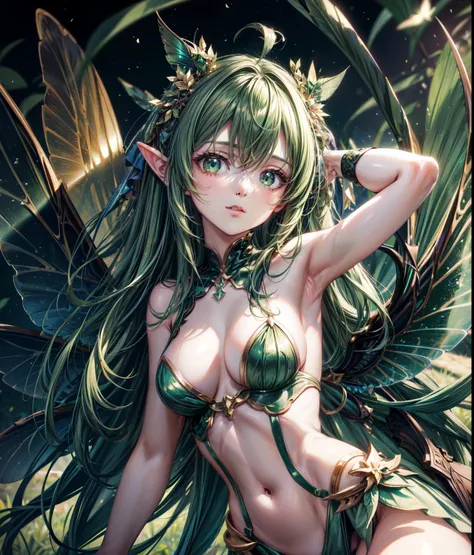 Anime girl in green and black costume on wings and green background, pixie character, fairy, forest fairy, insect trainer girl, brunette elf with fairy wings, pixie, cute 3d anime girl rendering, April rendering, fairy dance, open legs,  sunlight reflectio...