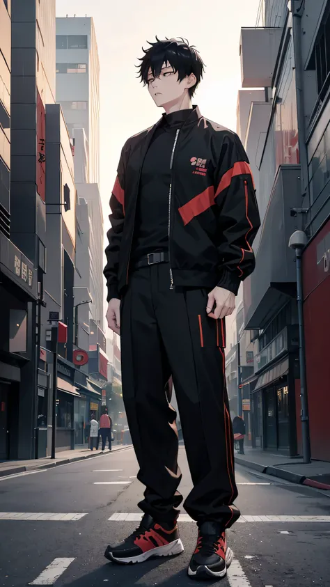 korean man, really short hair, black hair, tall, jujutsu kaisen, jujutsu, black shirt, black open unzipped jacket, black trouser...