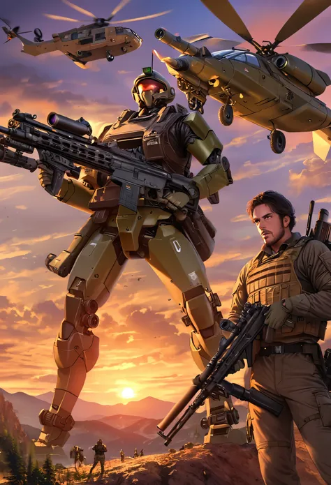 a man,a robot,aircraft,battle rifle,bulletproof vest,cloud,cloudy sky,dusk,energy gun,evening,finger on trigger,fire,gloves,gradient sky,grenade launcher,heckler & koch,helicopter,holding gun,holding weapon,magazine (weapon),mecha,military,mountain,mountai...