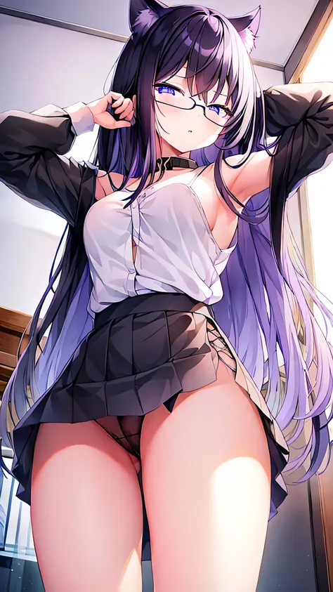 An 18-year-old cat girl with long black hair that has purple ends, blue eyes, a bust, and wears round glasses. Black cropped shirt, a shirt that shows off the waist, A long-sleeved shirt that shows off the shoulders., and a very short black skirt. Saw blac...