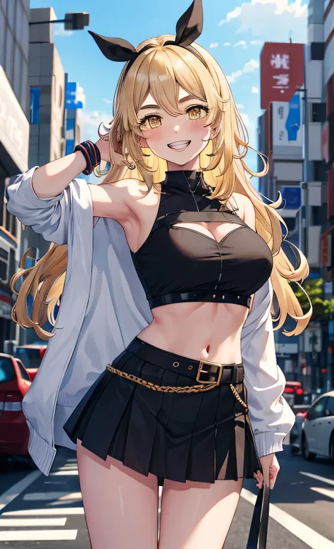 masterpiece, best quality, highres, lucy heartfilia, blonde hair, long hair, large breasts, jacket, crop top, bare shoulder, show stomach, belt, pleated skirt, cowboy shot, standing, looking at viewer, city road, outdoor, modern city road, blush, shy, smil...