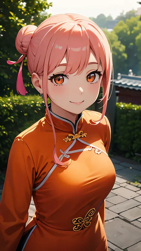 highest quality、Realistic、Women、zoom、cute、Orange Eyes、Pink hair、Bun Hair、China dress、smile、Looking down、smile、Bust Shot、　