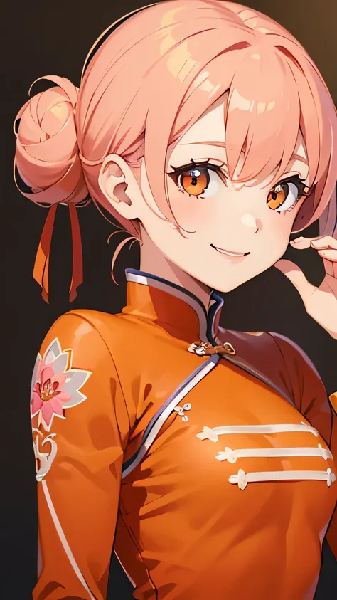 highest quality、Realistic、Women、zoom、cute、Orange Eyes、Pink hair、Bun Hair、China dress、smile、Looking down、smile、Bust Shot、　