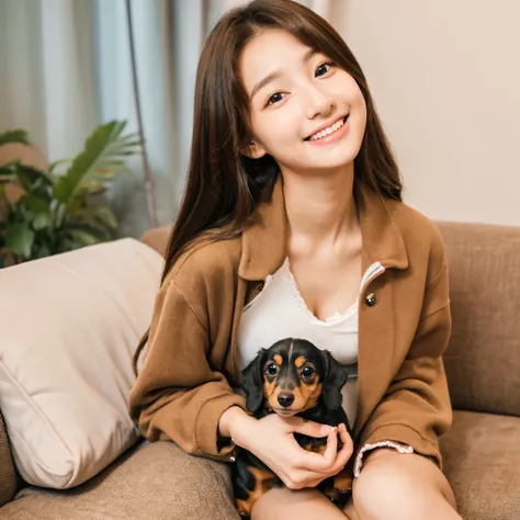 She looks 16 but、She has the cute face of a 20-year-old idol.　Gentle and cute　Smiling in underwear　She is holding a cute miniature dachshund dog to her chest.RAW Photos　Genuine　Real Stick、realism、Raw photo、Life　sofa　Do not display copyright