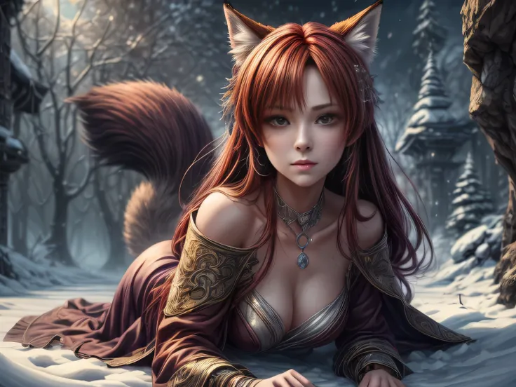 (Best quality, 8K, masterpiece, HDR, soft lighting, picture perfect, realistic, vibrant), foxgirl with red hair and little fox lying on the snow, kitsune, beautiful fox, nobushi fox, beautiful female kitsune, digital anime illustration, beautiful illustrat...