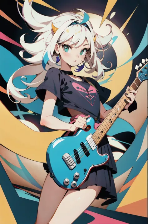 No background,1 idol,Skinny body,Long legs,Iris,(Flat Color:1.5),clear,(Bright colors),Vibrant colors,figure,(pink,green,yellow),
Blake playing electric guitar,(Open your mouth:0.3),((Big speech bubble)),
Pop Style,((T-Shirts),Large Kanji character print),...