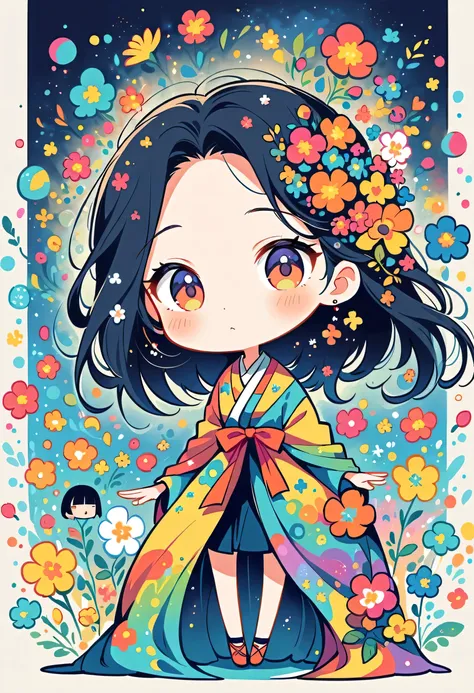 Watase Seizo style, Standing in front of a high wall，Simple Line Initialism，Abstract art，galactic universe Background, (((The most beautiful girl))), (((chibi))), colorful flowers, 