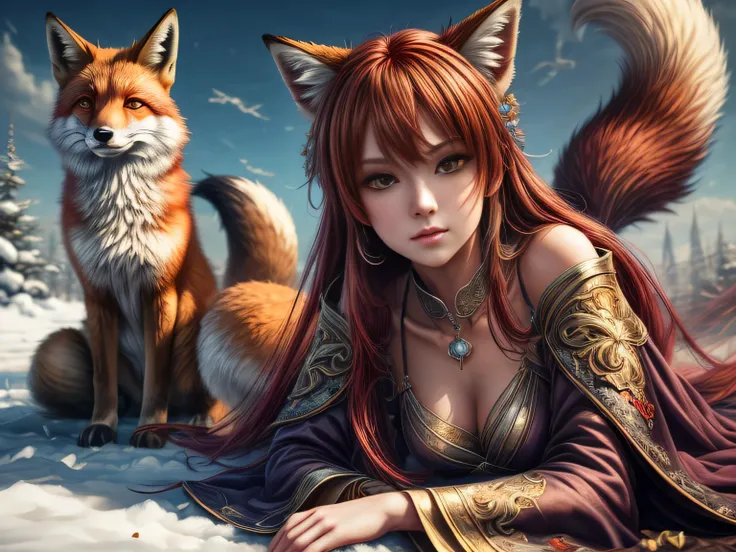 (Best quality, 8K, masterpiece, HDR, soft lighting, picture perfect, realistic, vibrant), foxgirl with red hair and little fox lying on the snow, kitsune, beautiful fox, nobushi fox, beautiful female kitsune, digital anime illustration, beautiful illustrat...