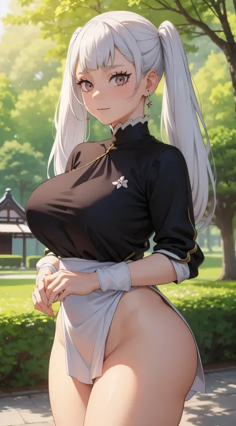 Noelle silva, Noelle from the anime black clover, white hair, twintails hair, beautiful, beautiful woman, perfect body, perfect breasts, wearing a sportswears, wearing earrings, wearing a watch, in the park, cherry tree, traditional house japan, looking at...