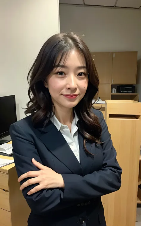 ((Best Quality, 8k, Masterpiece: 1.3)), Photorealistic, Sharp Focus, High Quality, High Definition, Portrait, Solo, Japan, Middle Aged Woman, Beauty, 43 years old, Plump, Wavy Hair, receptionist uniform, Wrinkles at the corners of the eyes:0.5, Narrow back...