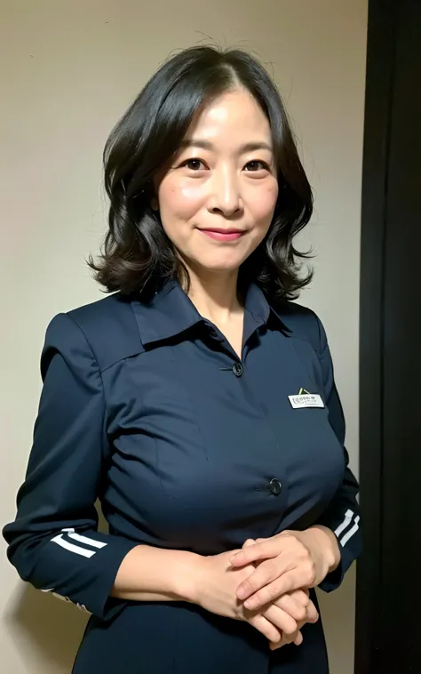 ((Best Quality, 8k, Masterpiece: 1.3)), Photorealistic, Sharp Focus, High Quality, High Definition, Portrait, Solo, Japan, Middle Aged Woman, Beauty, 43 years old, Plump, Wavy Hair, receptionist uniform, Wrinkles at the corners of the eyes:0.5, Narrow back...