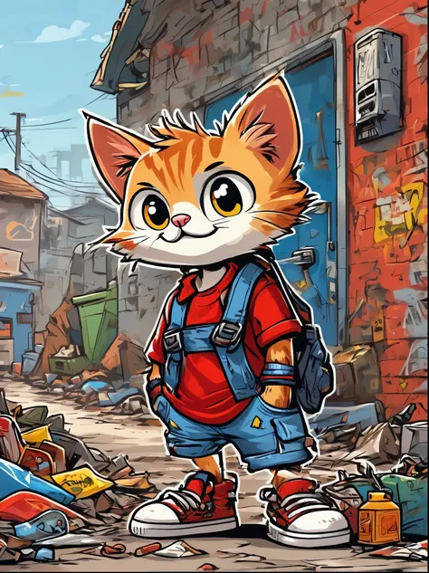 (Cartoon doodle style:1.2), Vector illustration，A very pitiful anthropomorphic kitten image，solo, Wearing a tattered red linen shirt and denim overalls，Wearing tattered cloth shoes，Carrying a super bag on his back that is taller than it, Kitten standing on...