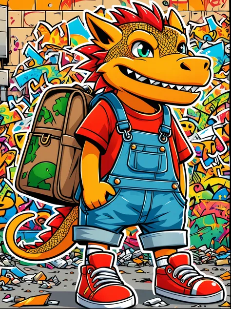 (Cartoon doodle style:1.2), Vector illustration，A very pitiful anthropomorphic little Chinese dragon image，solo, Wearing a tattered red linen shirt and denim overalls，Wearing tattered cloth shoes，Carrying a super bag on his back that is taller than it, Kit...