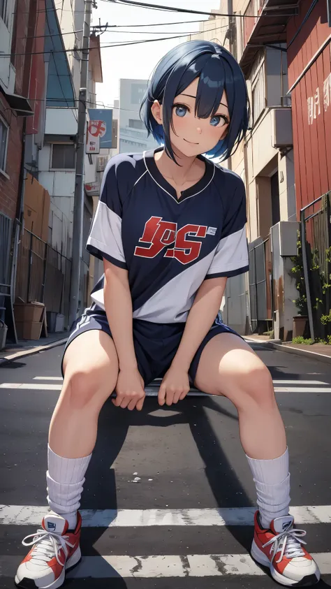 One 17 years old girl,short hair,blue hair mixed colored red hair,((jersey,sports style)),rage,laugh,grin,slender body,socks,sneakers.