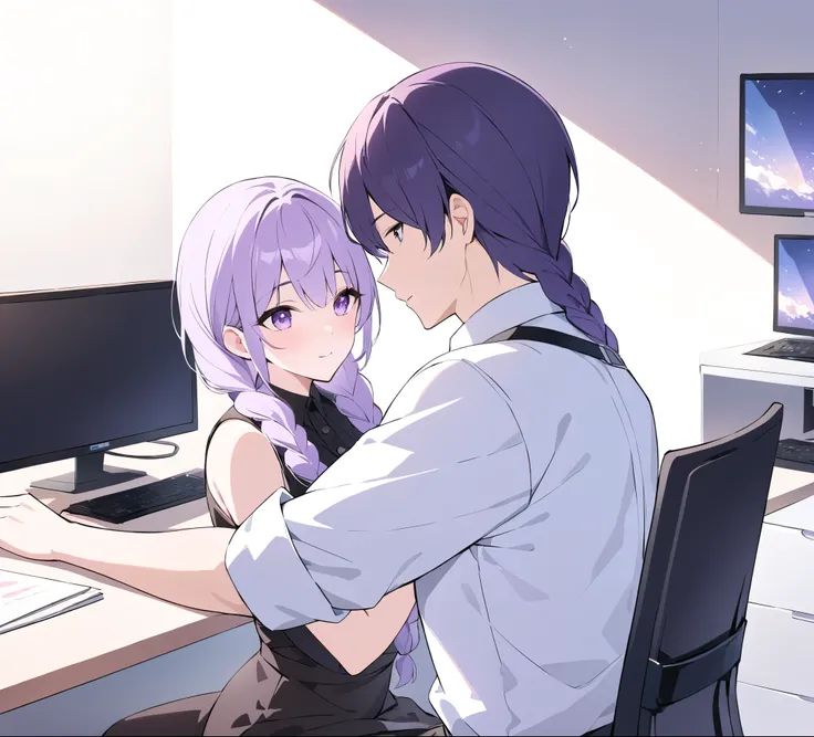 A captivating illustration portraying a blossoming romance between a man and a woman((1 male, 1 woman with purple and white gradient double braids)) in the office. The art form resembles a subtle and sophisticated digital painting, capturing the nuances of...
