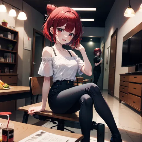 Arima etc.., Arima Kana, (Red eyes:1.5), Red Hair,Short Hair,Bob Hair,happy smile, smile, Open your mouth,Hair Bun, single  Hair Bun,Redhead,Off-the-shoulder shirt,Short sleeve,Exposing shoulders,skinny pants,Stiletto heels,sitting cross-legged on a chair,...