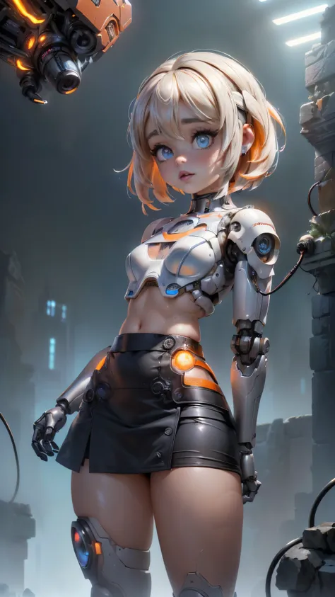 (La mejor calidad,A high resolution,Ultra - detallado,actual),sabrina carpenter cyborg transparent ,,(Fondo de ruinas de mazmorra en ruinas piedras grandes cyberpunk :1.4 ), (weared in (translucent:1.2), ( mini skirt cyborg orange :1.4), top corto white tr...