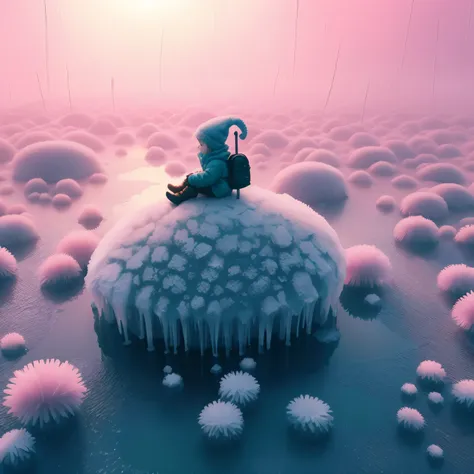 little man sitting on a rugged ice burg covered in dew on an icy swamp lake, pink fantasy art style, 8k,