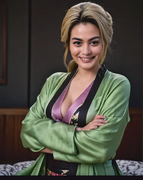 Portrait of a woman, gigantic_breasts, wearing a kimono, veiny_breasts, detailed skin texture, detailed eyes, photography, 8k, cannon photo, hyperrealism, skin scattering, realistic skin, (highly detailed face:1.4) (smile:0.7) (background inside dark, mood...