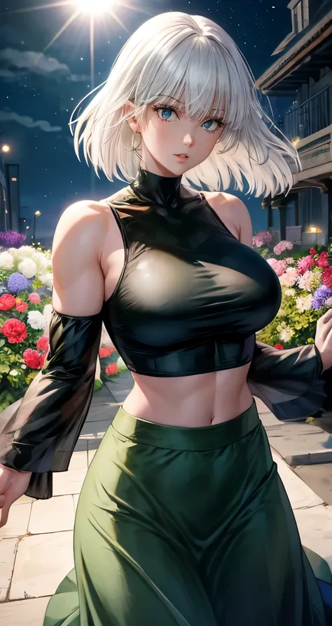 realistic, 1girl, fubuki, white hair, green eyes, big round breasts, clear white skin, shining eyes, black crop top, dark green ...