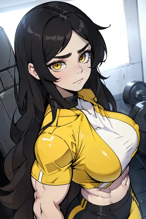 ((1girl bodybuilder)) pale skin black hair very long hair yellow eyes large breasts long abs sad