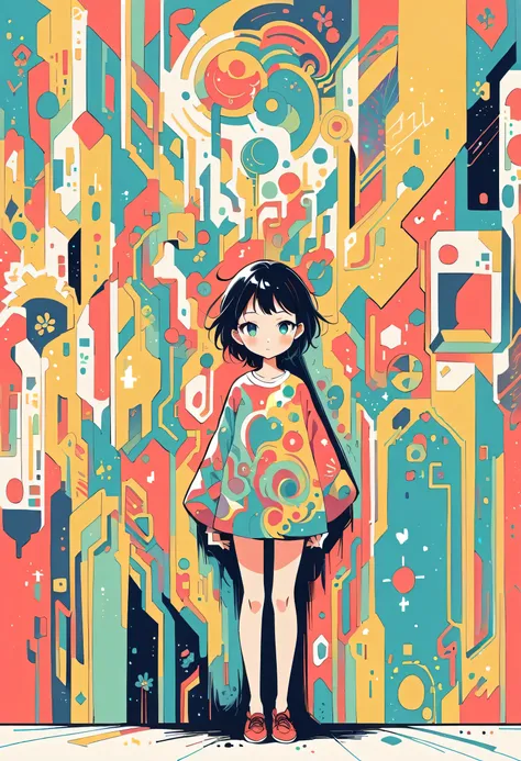 Watase Seizo style, Standing in front of a high wall，Simple Line Initialism，Abstract art，Urban Background, (((The most beautiful girl))), colorful flowers