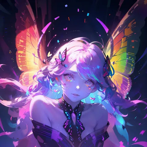 a female with multi colored rainbow butterfly aesthetics, has antennae, intricate colorful butterfly wings, vibrant rainbow colors, ethereal butterfly goddess, delicate butterfly crown, beautiful detailed eyes, beautiful detailed lips, extremely detailed f...