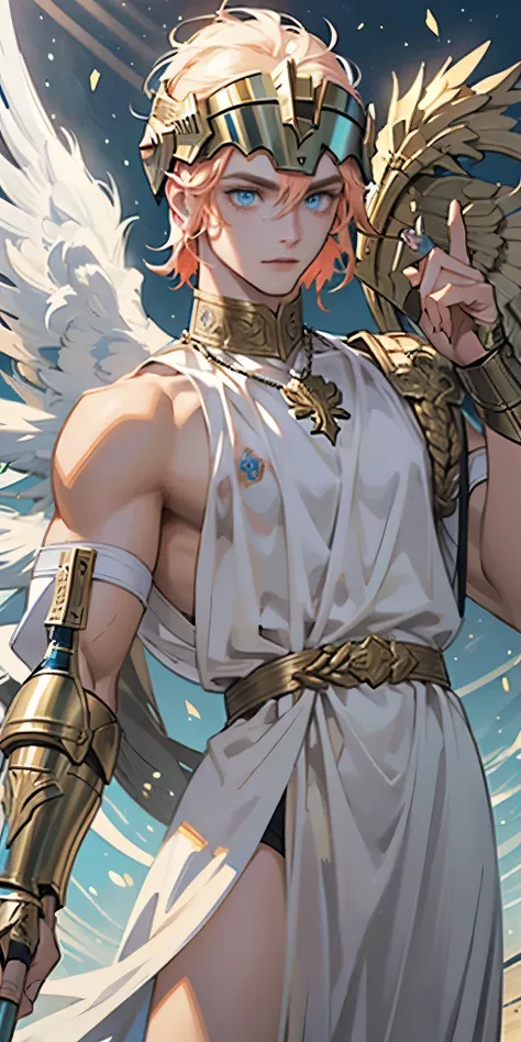 Athletic male, Wearing armor, Male warrior, (male face) ((short hair))apollo, ((winged helmet)) wearing helmet, cloudy background, ((caduceus)) holding scepter, detailed eyes, blue_eyes, detailed hands, sunlight 