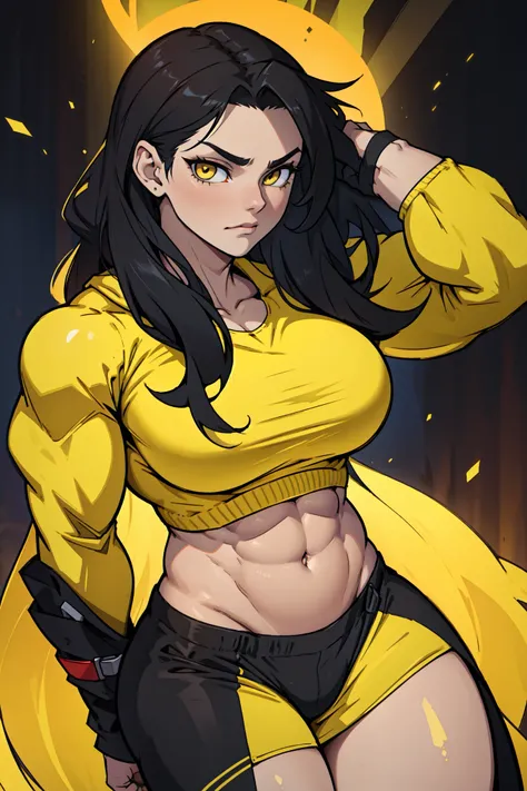 ((1girl bodybuilder)) pale skin black hair very long hair yellow eyes large breasts long abs sad